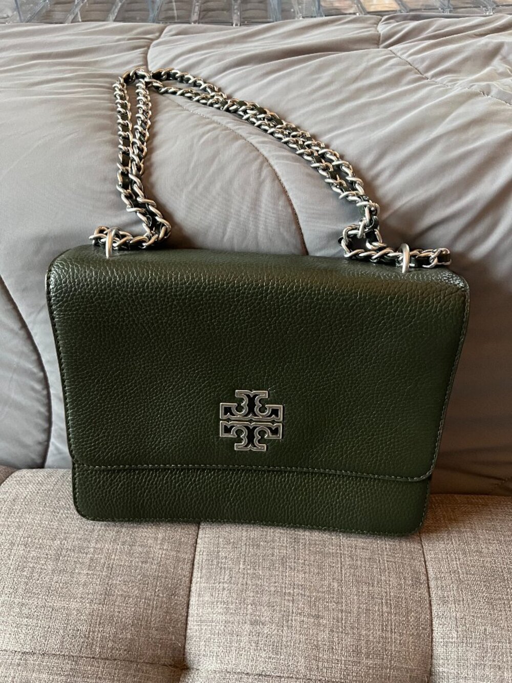 Tory Burch Green Pebbled Leather Chain Shoulder Bag Crossbody